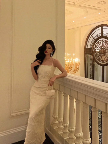 Sheath Spaghetti Straps White Prom Dresses Birthday Outfits Evening Gown SD973